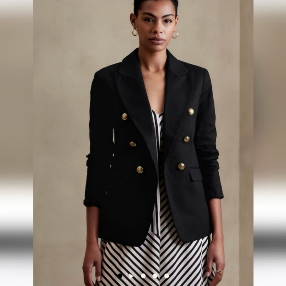 Banana Republic Icon Blazer Black Sz 2 Double Breasted Jacket Peak Lapel Collar